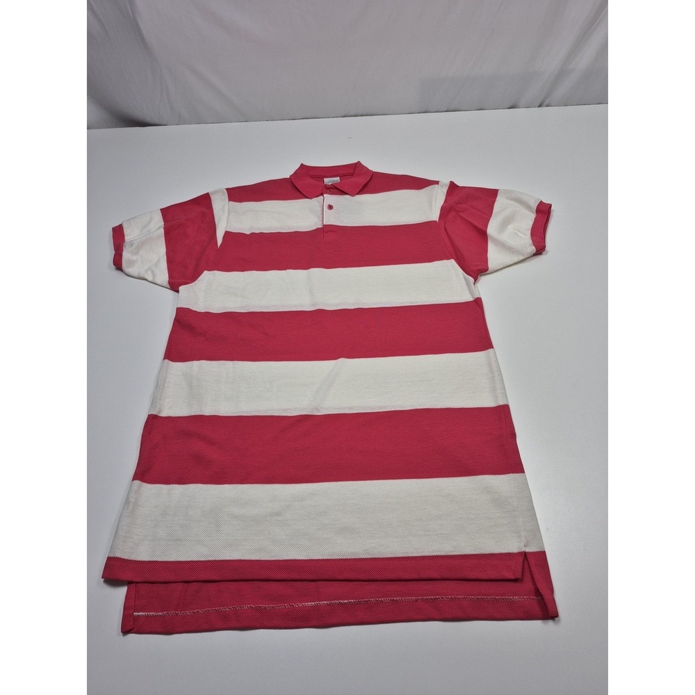 VTG J.J. Cochran Polo Shirt Mens L Pink White Striped Made USA Short Sleeve